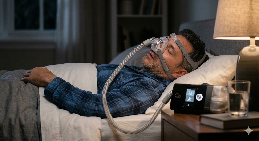 CPAPマスクを装着して睡眠中の患者のイメージイラスト